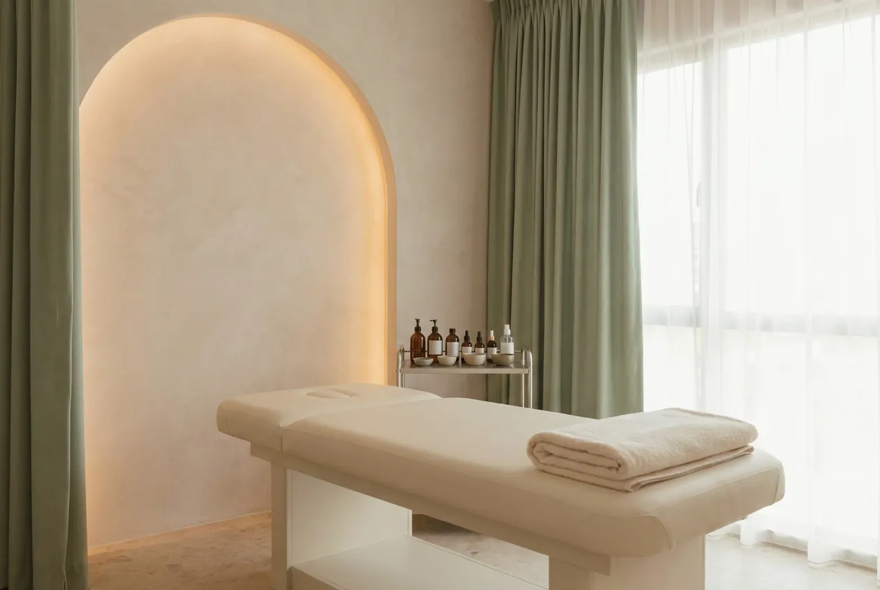 An empty treatment room with a cream couch, a lit arched niche in the plaster wall and sage curtains by a bright window