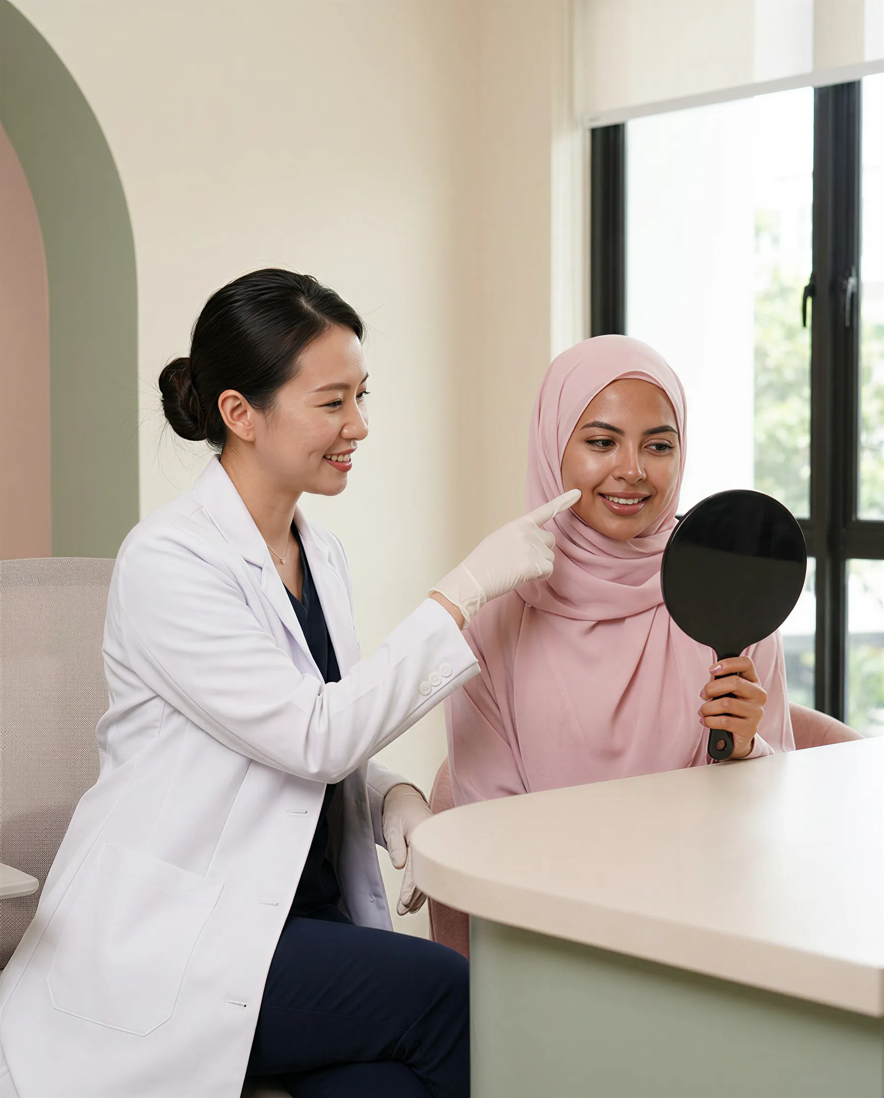 A doctor and her client looking at the client's skin together in a bright consultation room, the client holding a hand mirror