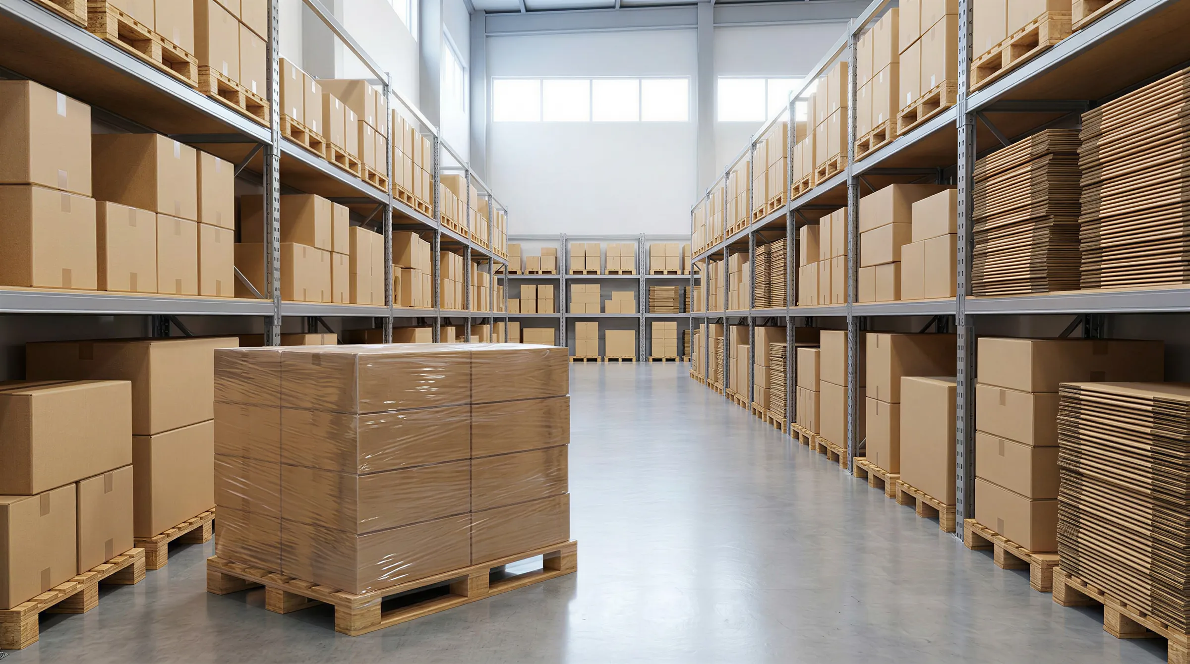Warehouse aisle with a shrink-wrapped pallet of cartons and tall racking on both sides