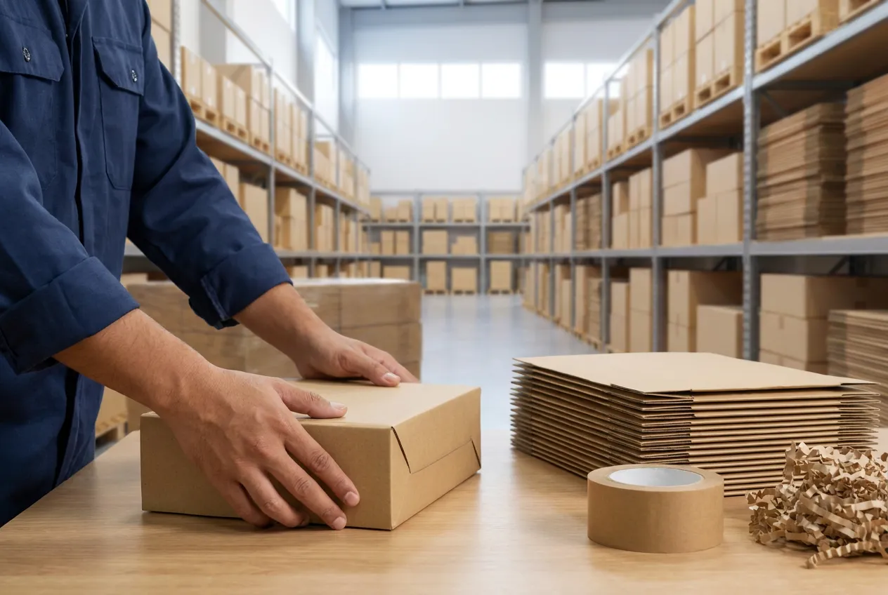 Hands closing a plain kraft mailer box at a packing bench, with flat mailers and tape beside it