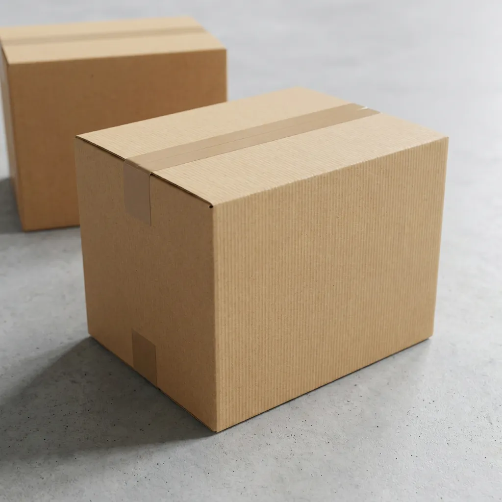 A plain kraft shipping box sealed with brown tape on a concrete floor
