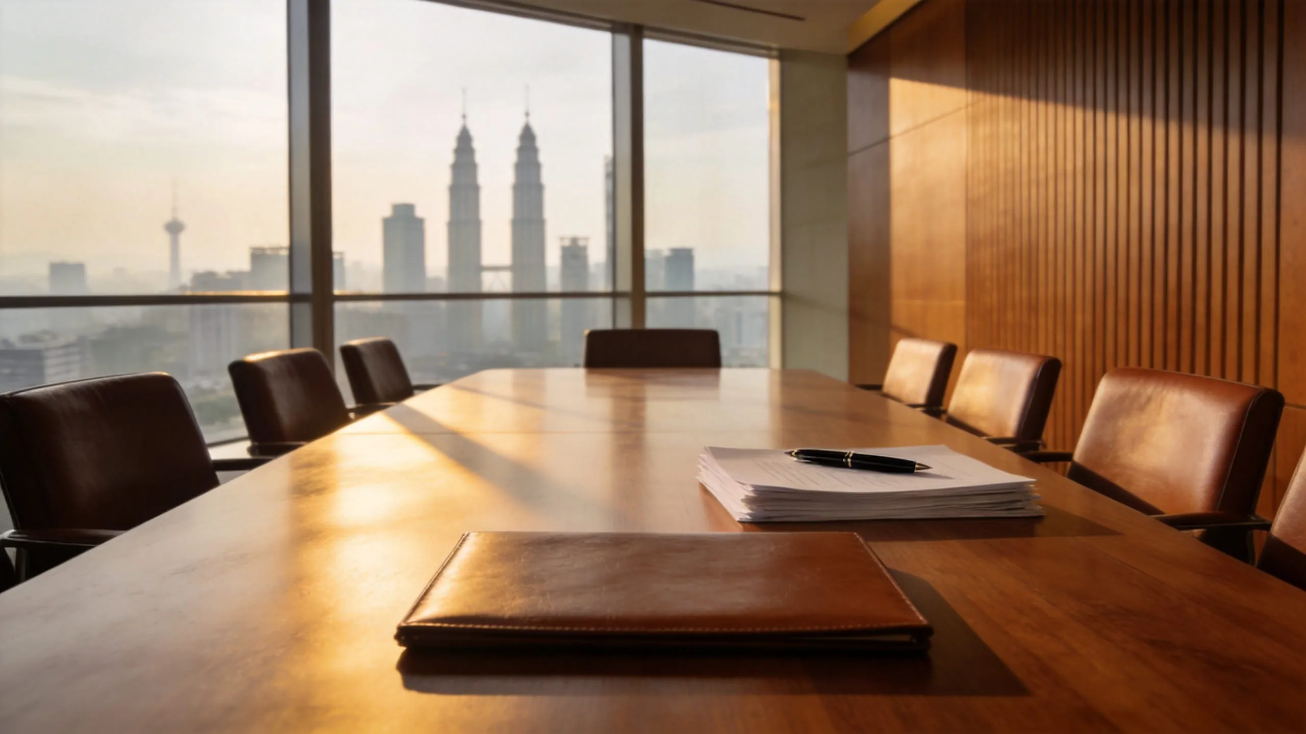 Two lawyers sit with two clients at a timber meeting table, with the Kuala Lumpur skyline through the window behind them