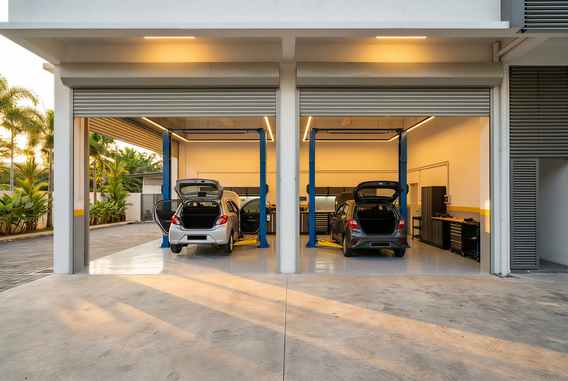 Two service bays with roller shutters up and two hatchbacks on lifts, in late-afternoon light