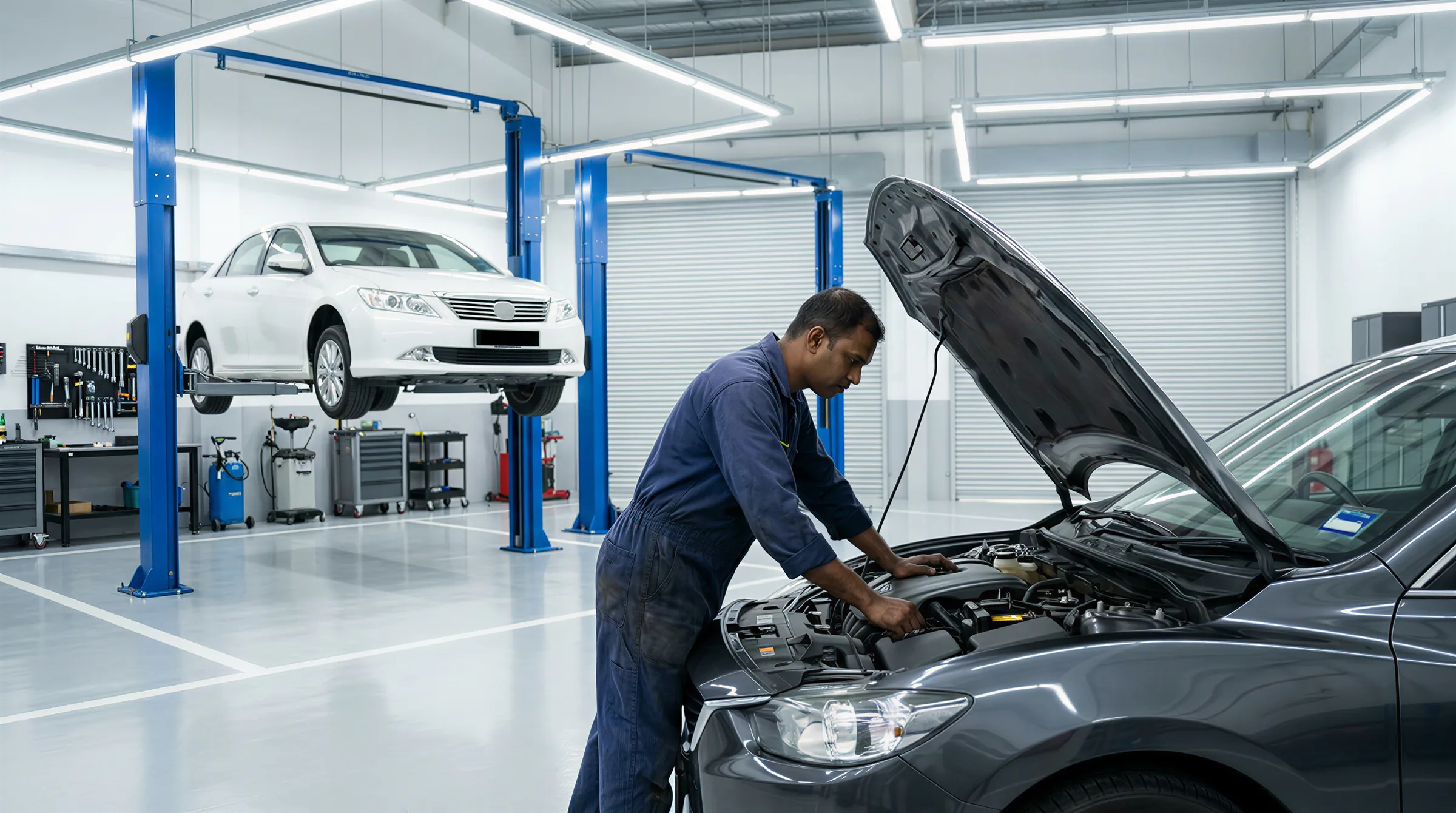 A mechanic working in an engine bay with a car raised on a lift behind him